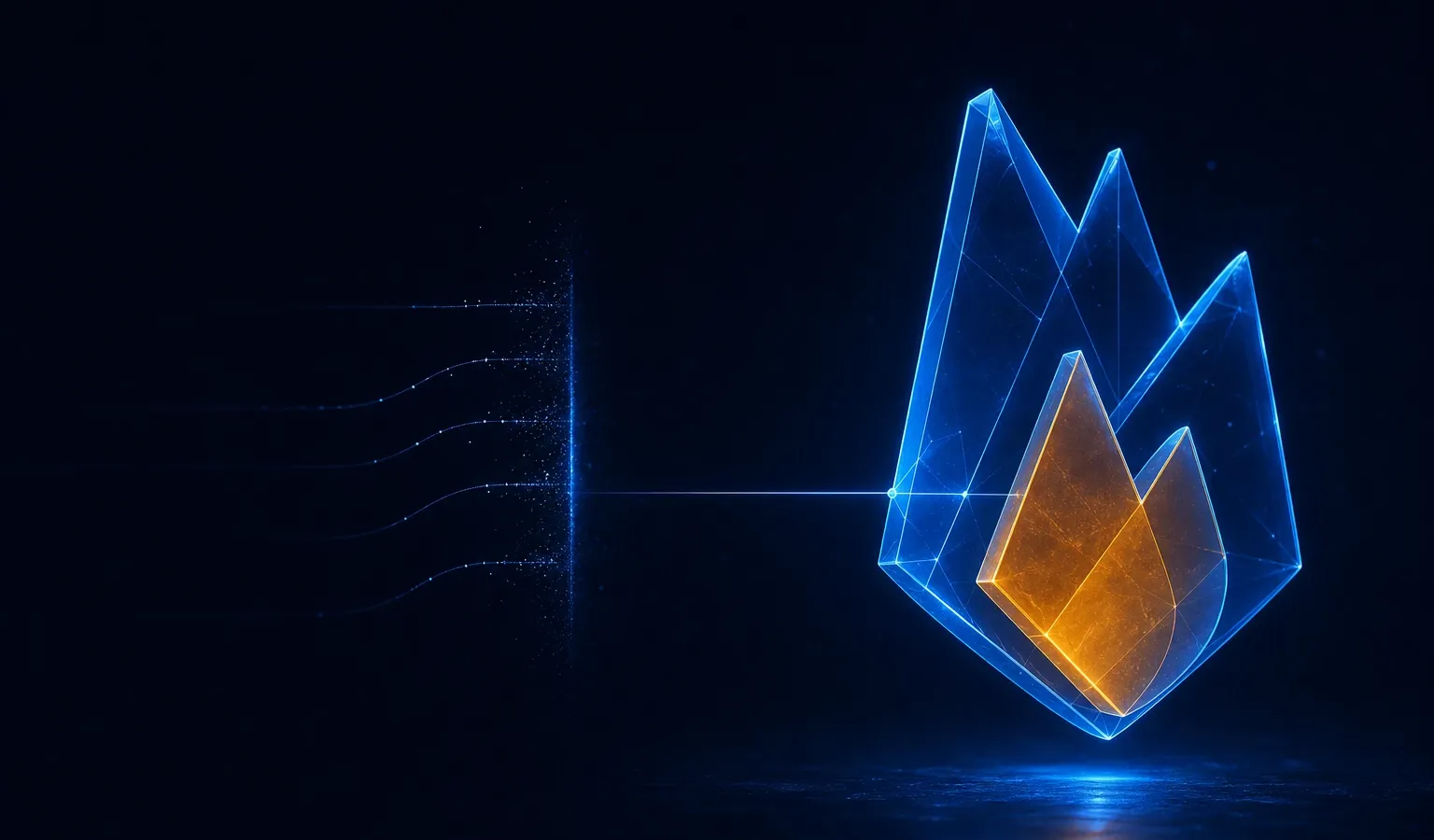 A glowing translucent Firebase flame on a deep navy background, with most incoming connection streams breaking at a threshold of light and only one reaching it.
