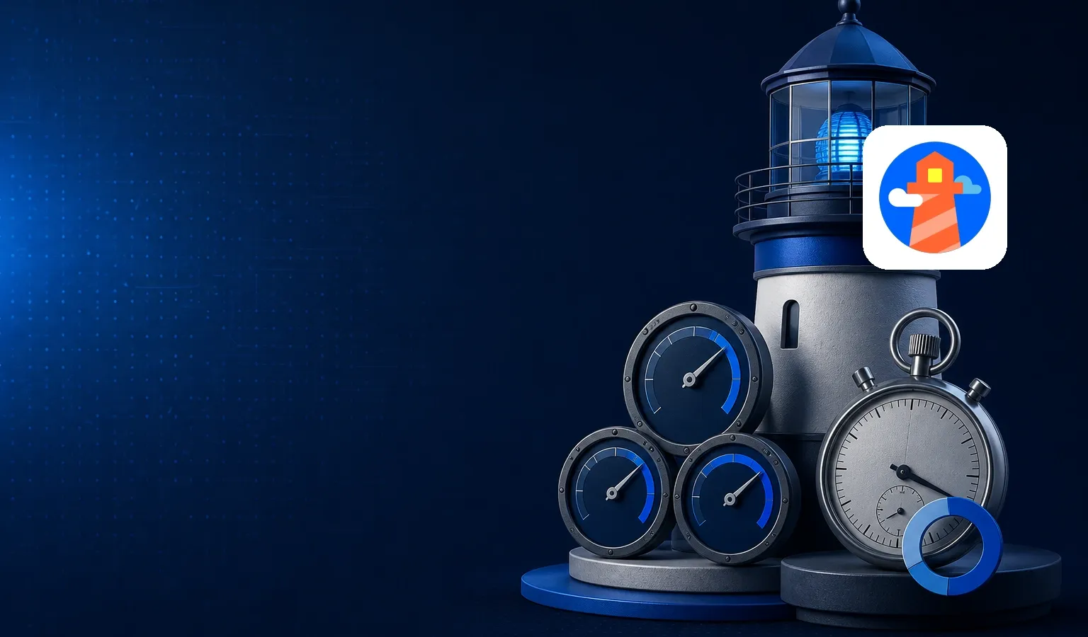 Deep navy Chinaready Insights cover with a right-weighted lighthouse and vitals-gauge cluster beside a stalled stopwatch, paired with the official Google Lighthouse mark at about one-third height on the right; left field open for title scrim; no headline text in the image.