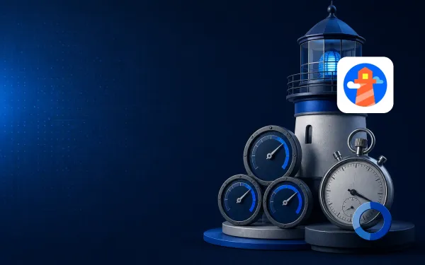 Deep navy Chinaready Insights cover with a right-weighted lighthouse and vitals-gauge cluster beside a stalled stopwatch, paired with the official Google Lighthouse mark at about one-third height on the right; left field open for title scrim; no headline text in the image.