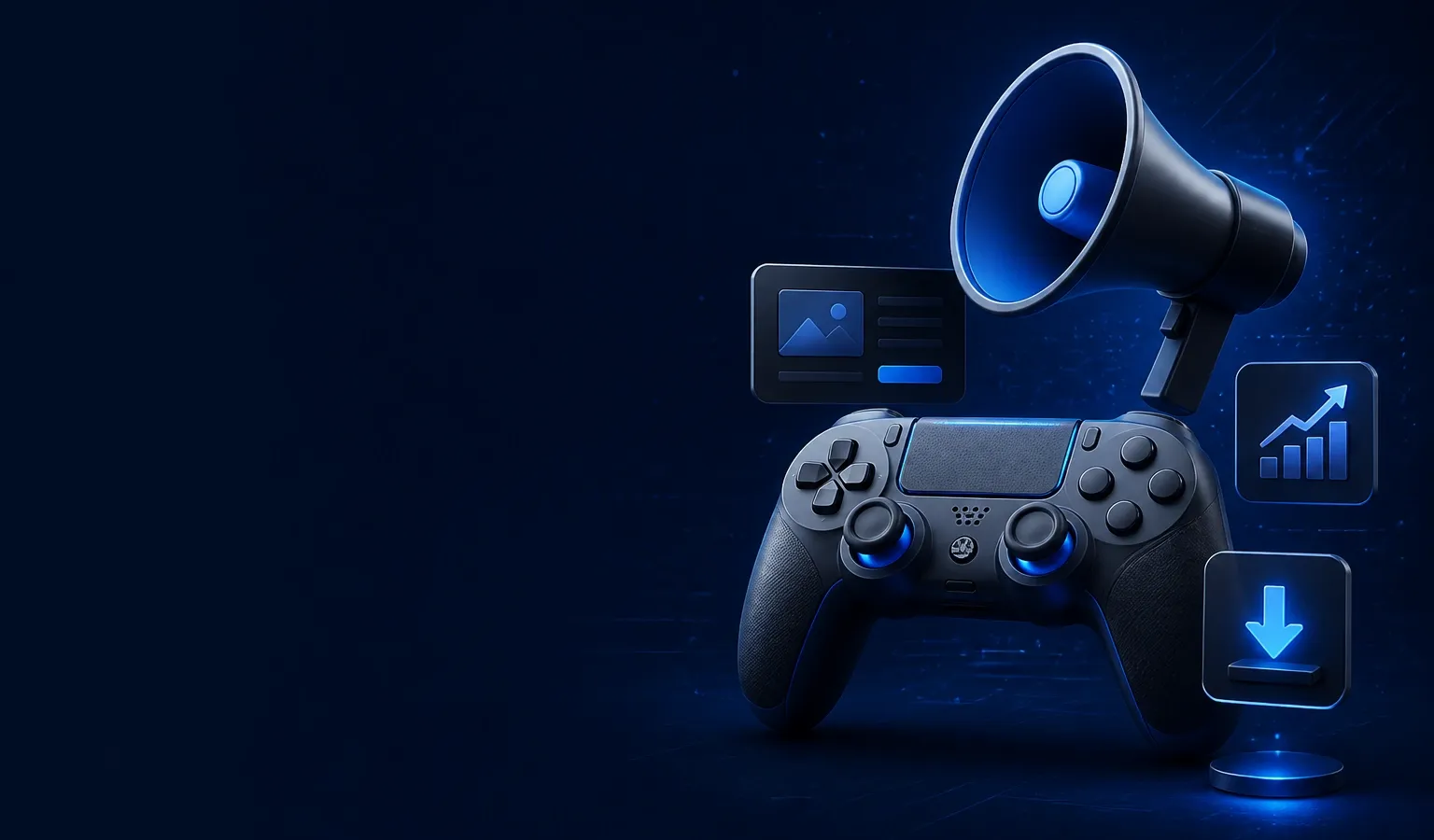 Deep navy Chinaready Insights cover with a right-weighted game controller paired with a glowing megaphone and UA metric tiles (growth, download, ad card); left field open for title scrim; no headline text or Chinese characters in the image.