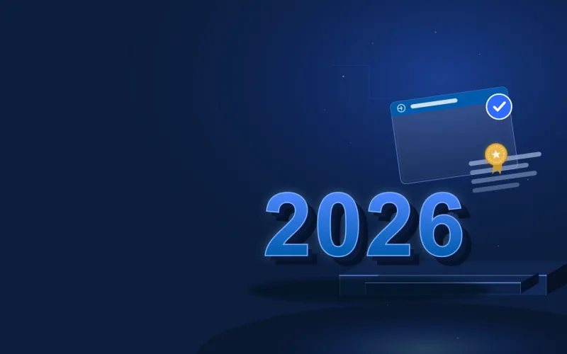 Deep navy Chinaready Insights cover with a right-weighted extruded 3D 2026 numeral monument in brand-blue gradient standing on an isometric stepped plinth, a floating glass certificate card with official-style gold seal and blue digital approval badge above, glow pool and rising particles; left field open for title scrim; no headline text in the image.