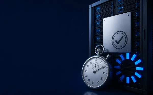 Deep navy Chinaready Insights cover with a right-weighted filed in-country server rack, a completed filing plate with a check stamp, and a stalled stopwatch plus hung spinner overlay; left field open for title scrim; no headline text in the image.