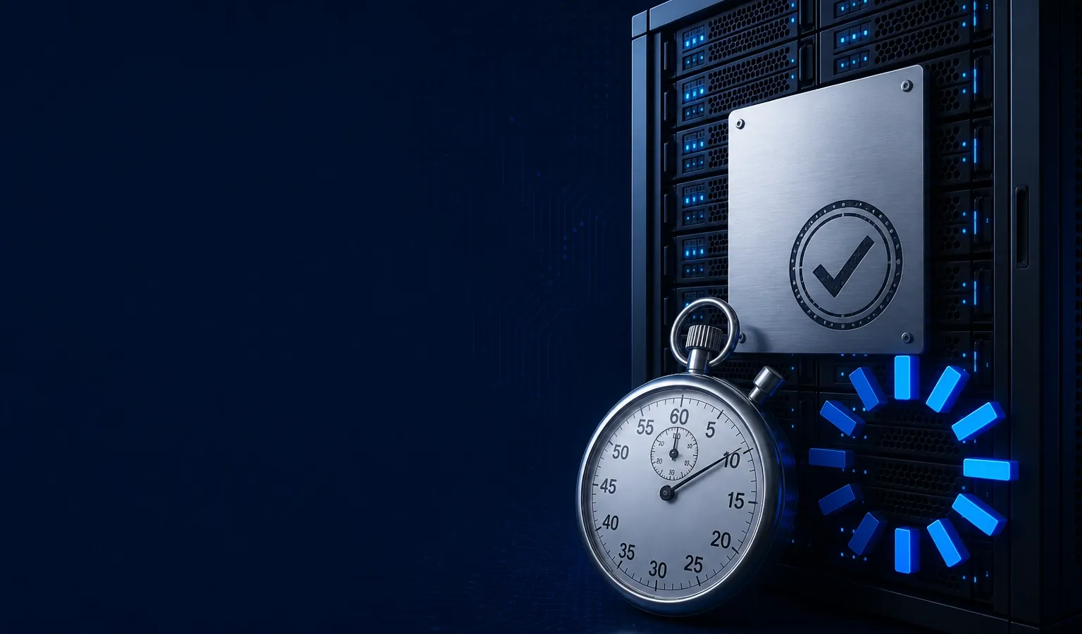 Deep navy Chinaready Insights cover with a right-weighted filed in-country server rack, a completed filing plate with a check stamp, and a stalled stopwatch plus hung spinner overlay; left field open for title scrim; no headline text in the image.