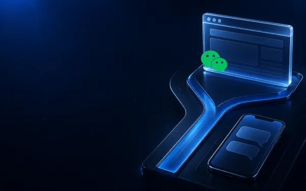 Deep navy Chinaready Insights cover with a right-weighted Y-fork between a glossy browser window slab and a phone chat surface, paired with the official WeChat mark at about one-third height on the right; left field open for title scrim; no headline text in the image.