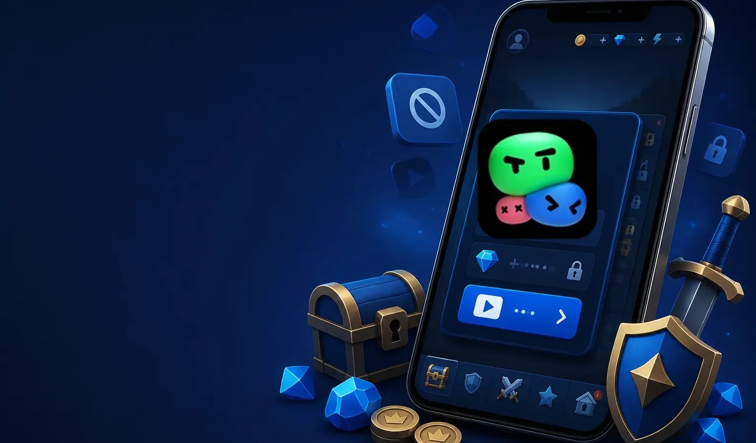 Deep navy Chinaready Insights cover with a right-weighted TapTap mascot mark paired with a game-download phone rail and lock-shield ad gate; left field open for title scrim; English-only UI glyphs; no Chinese characters or article headline text in the image.