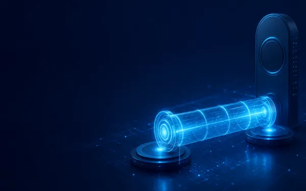 Deep navy Chinaready Insights cover with a right-weighted temporary glowing tunnel tube beside a solid unused edge gateway; left field open for title scrim; no headline text in the image.