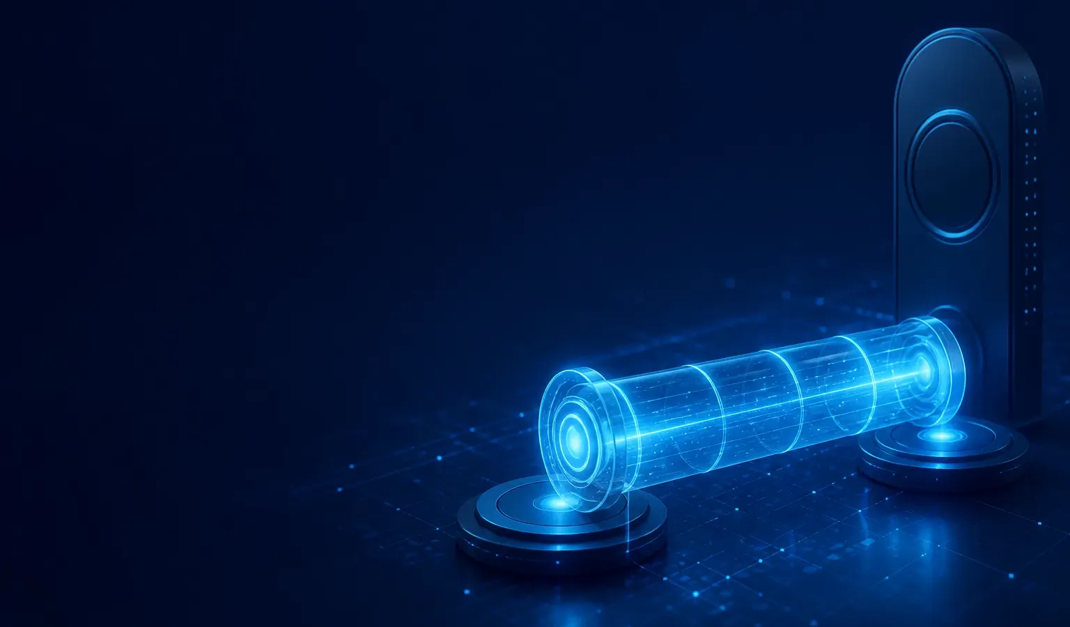 Deep navy Chinaready Insights cover with a right-weighted temporary glowing tunnel tube beside a solid unused edge gateway; left field open for title scrim; no headline text in the image.