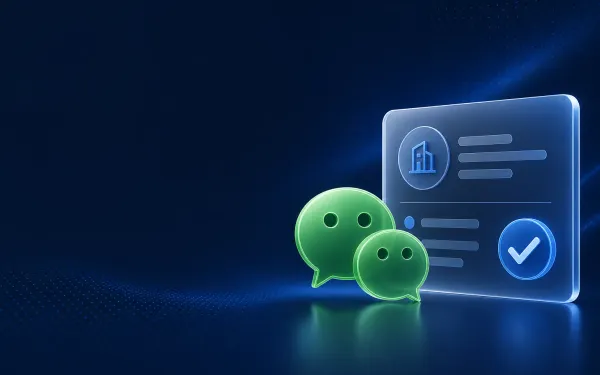 Deep navy Chinaready Insights cover with a right-weighted WeChat Official Account chat mark paired with a frosted enterprise verification card and check badge; left field open for title scrim; no headline text in the image.