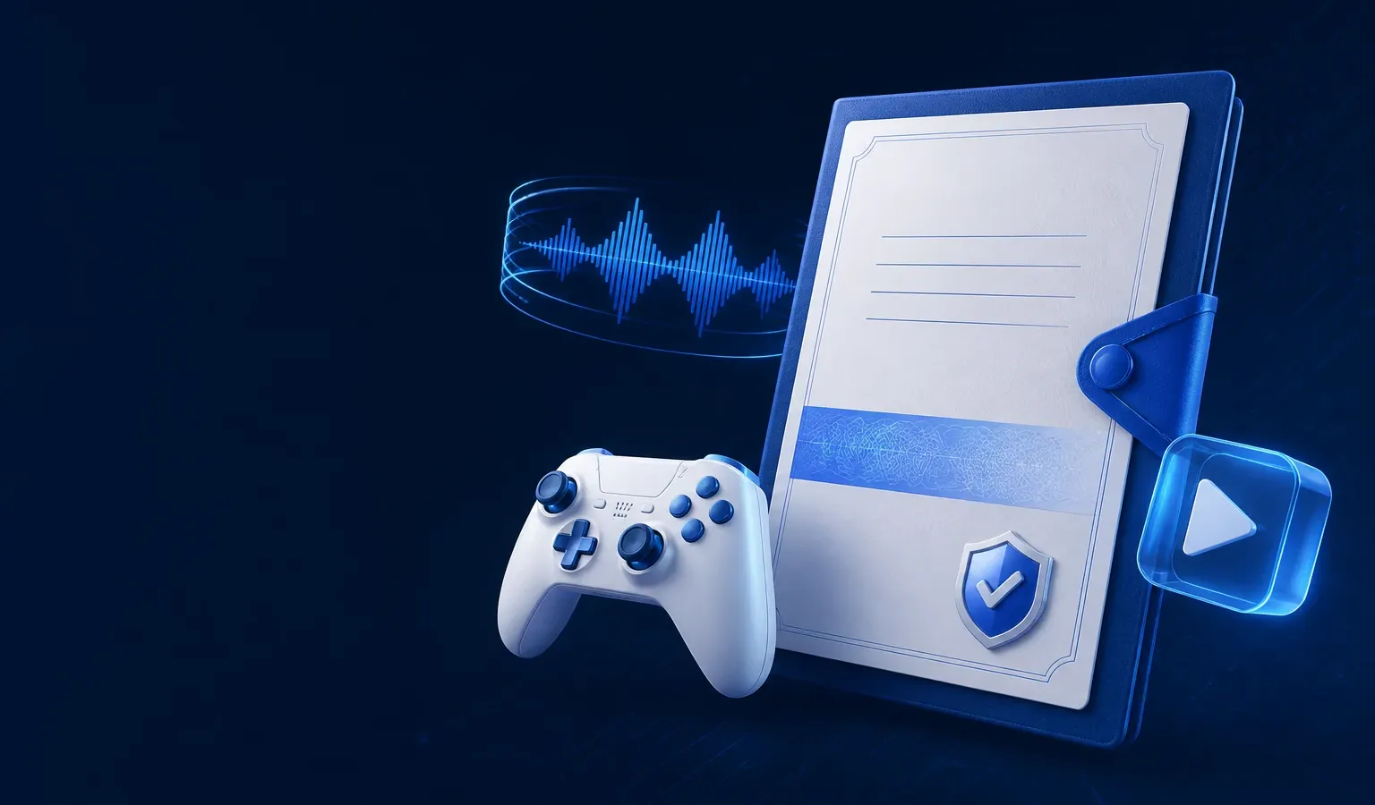 Deep navy Chinaready Insights cover with a right-weighted sealed approval folder and shield-check paired with a game controller, music waveform ring, and streaming play cube; left field open for title scrim; no Chinese characters or article headline text in the image.