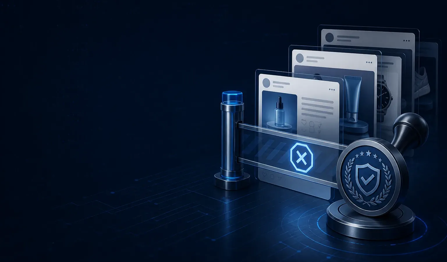 Deep navy Chinaready Insights cover with a right-weighted advertising review gate, sealed compliance stamp, and queued creative boards; left field open for title scrim; no headline text in the image.
