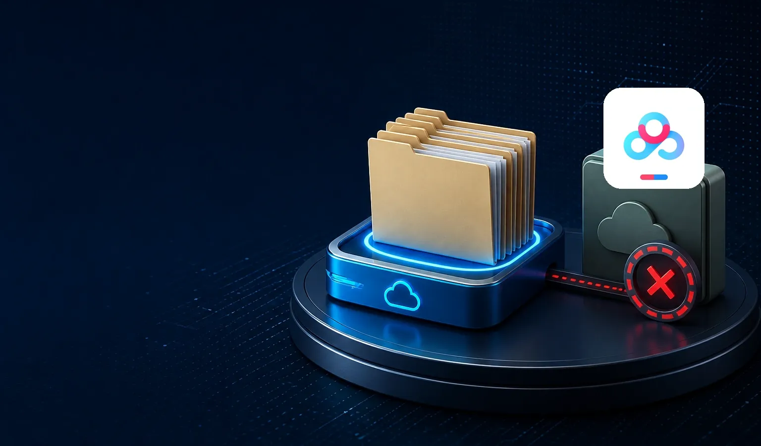 Deep navy Chinaready Insights cover with a right-weighted file-folder and netdisk-tray cluster beside a stalled generic overseas drive marked with a red X, paired with the official Baidu Netdisk mark at about one-third height on the right; left field open for title scrim; no headline text in the image.