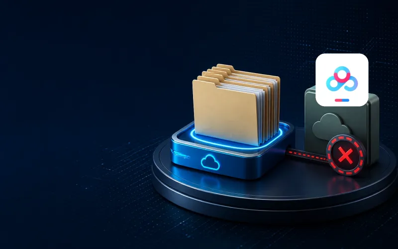 Deep navy Chinaready Insights cover with a right-weighted file-folder and netdisk-tray cluster beside a stalled generic overseas drive marked with a red X, paired with the official Baidu Netdisk mark at about one-third height on the right; left field open for title scrim; no headline text in the image.