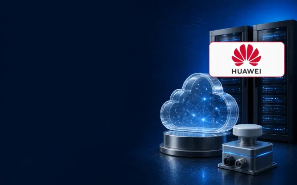 Deep navy Chinaready Insights cover with a right-weighted glass cloud sculpture, server racks, and an IoT module; official HUAWEI wordmark on a white plate at about one-third height on the right; left field open for title scrim; no headline text in the image.