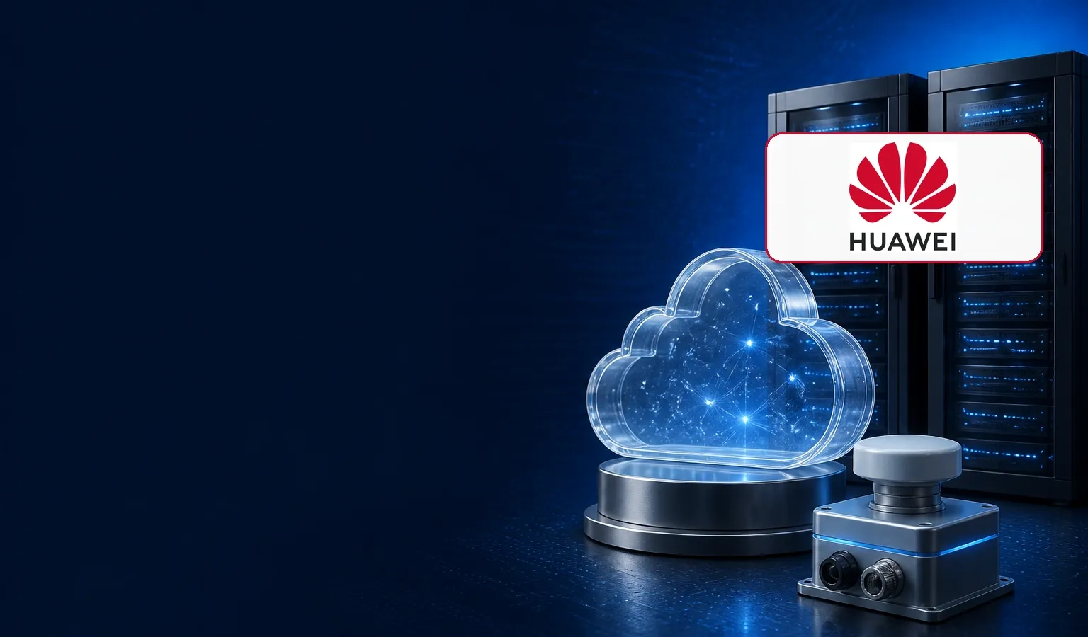 Deep navy Chinaready Insights cover with a right-weighted glass cloud sculpture, server racks, and an IoT module; official HUAWEI wordmark on a white plate at about one-third height on the right; left field open for title scrim; no headline text in the image.