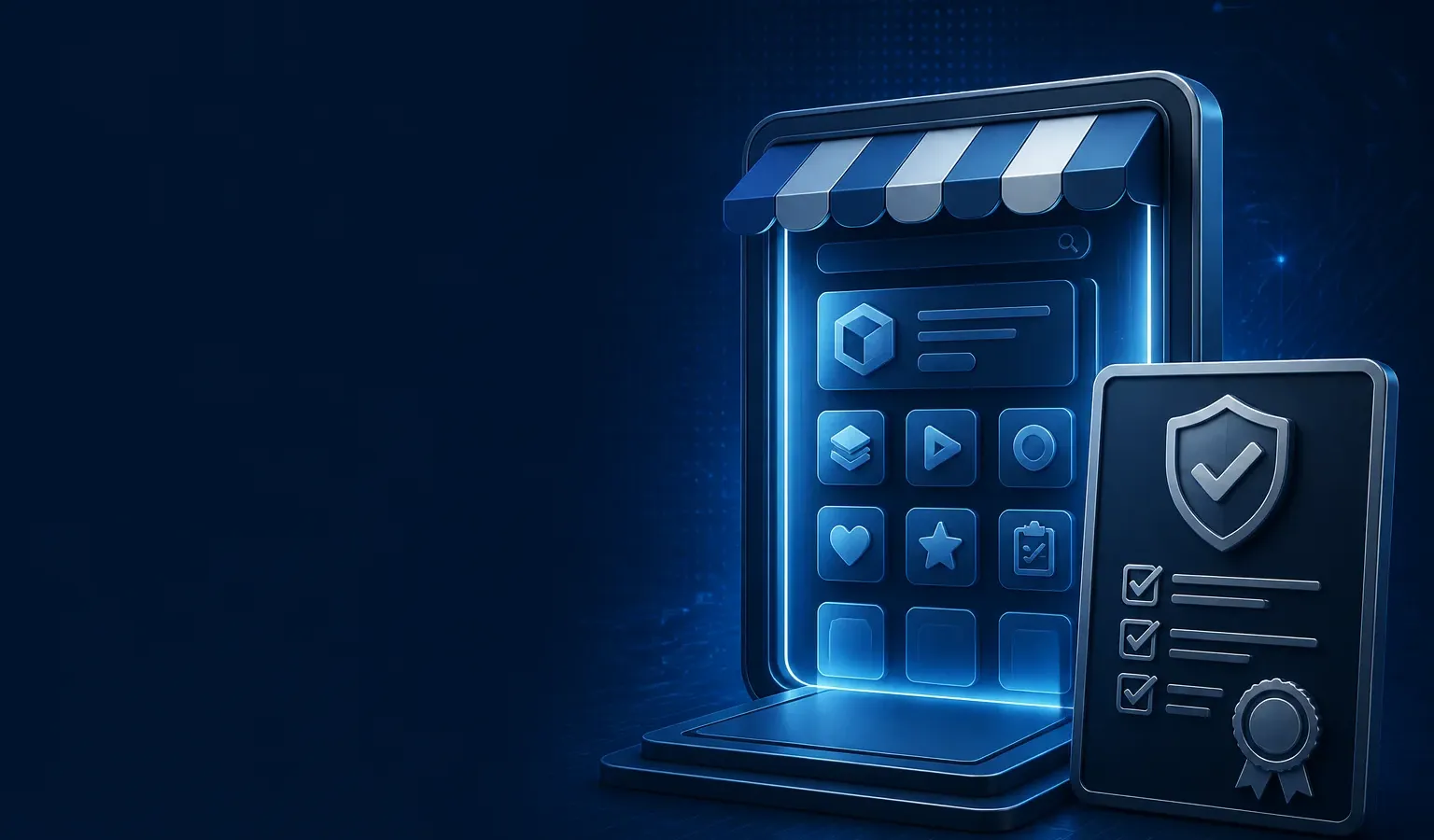 Deep navy Chinaready Insights cover with a right-weighted China App Store portal paired with a compliance-gate motif; left field open for title scrim; no headline text in the image.