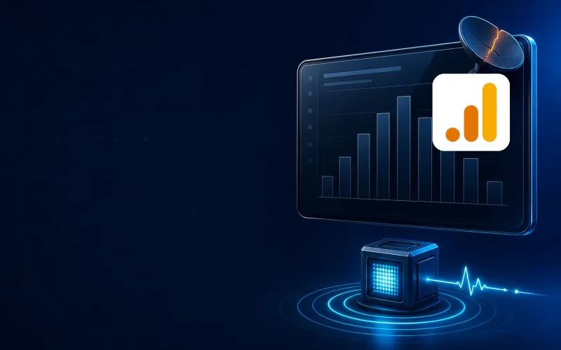 Deep navy Chinaready Insights cover with a right-weighted stalled analytics dashboard and cracked collect beacon beside a China-reachable measurement pixel, paired with the official Google Analytics mark at about one-third height on the right; left field open for title scrim; no headline text in the image.