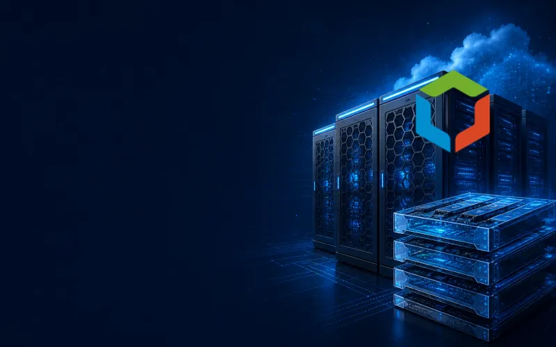 Deep navy Chinaready Insights cover with right-weighted data-center racks and AI-cloud compute trays; official Baidu AI Cloud RGB hexagon mark at about one-third height on the right; left field open for title scrim; no headline text in the image.