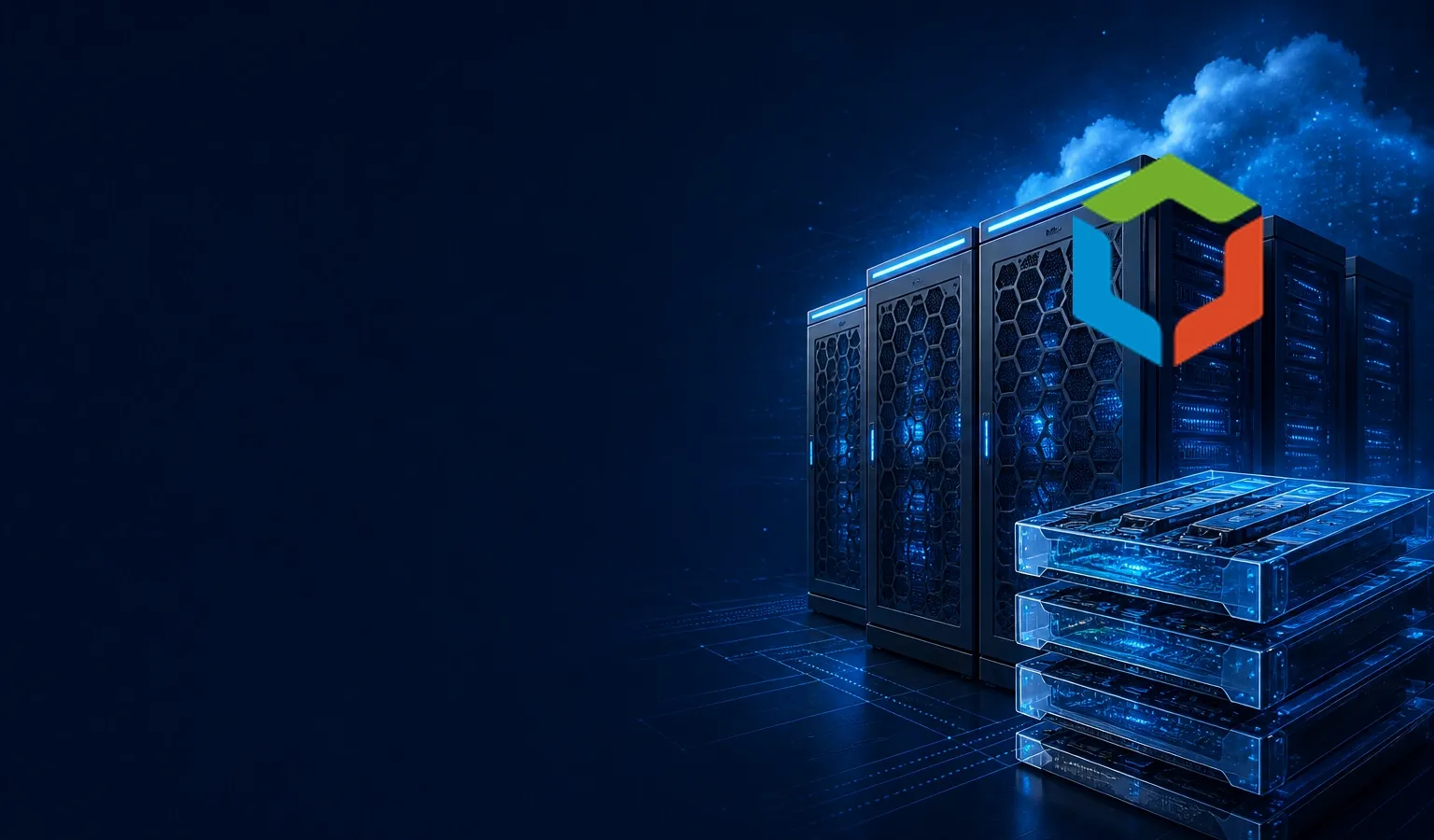 Deep navy Chinaready Insights cover with right-weighted data-center racks and AI-cloud compute trays; official Baidu AI Cloud RGB hexagon mark at about one-third height on the right; left field open for title scrim; no headline text in the image.