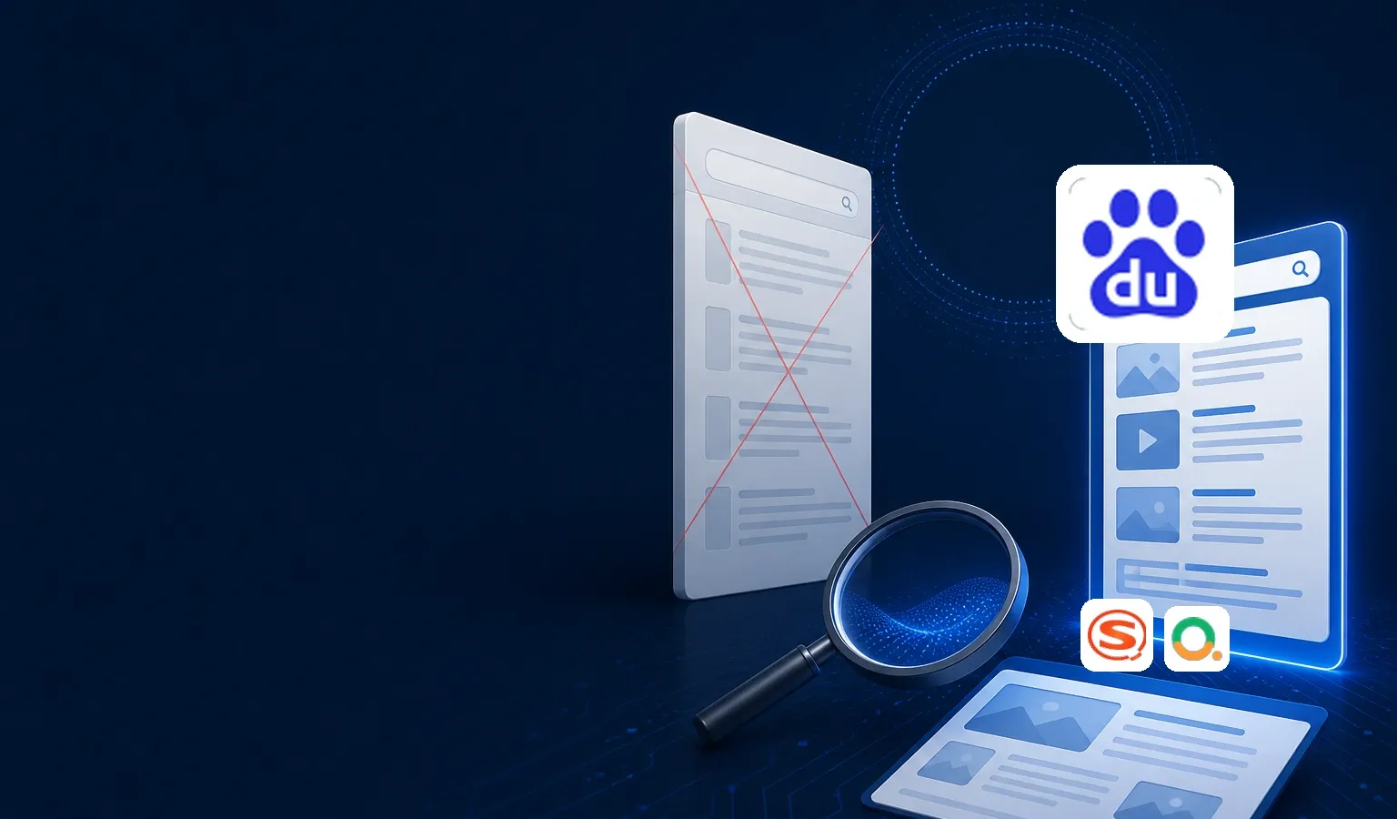 Deep navy Chinaready Insights cover with a right-weighted stalled Google-style organic results panel beside a Baidu-first discovery cluster, official Baidu paw mark at about one-third height on the right; left field open for title scrim; no headline text in the image.