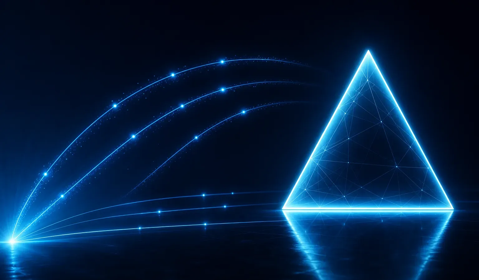 A glowing translucent Vercel triangle on a deep navy background, with curved routing arcs and particle trails rising from the left — cross-border paths converging toward the edge mark, not Netlify-style horizontal streams.