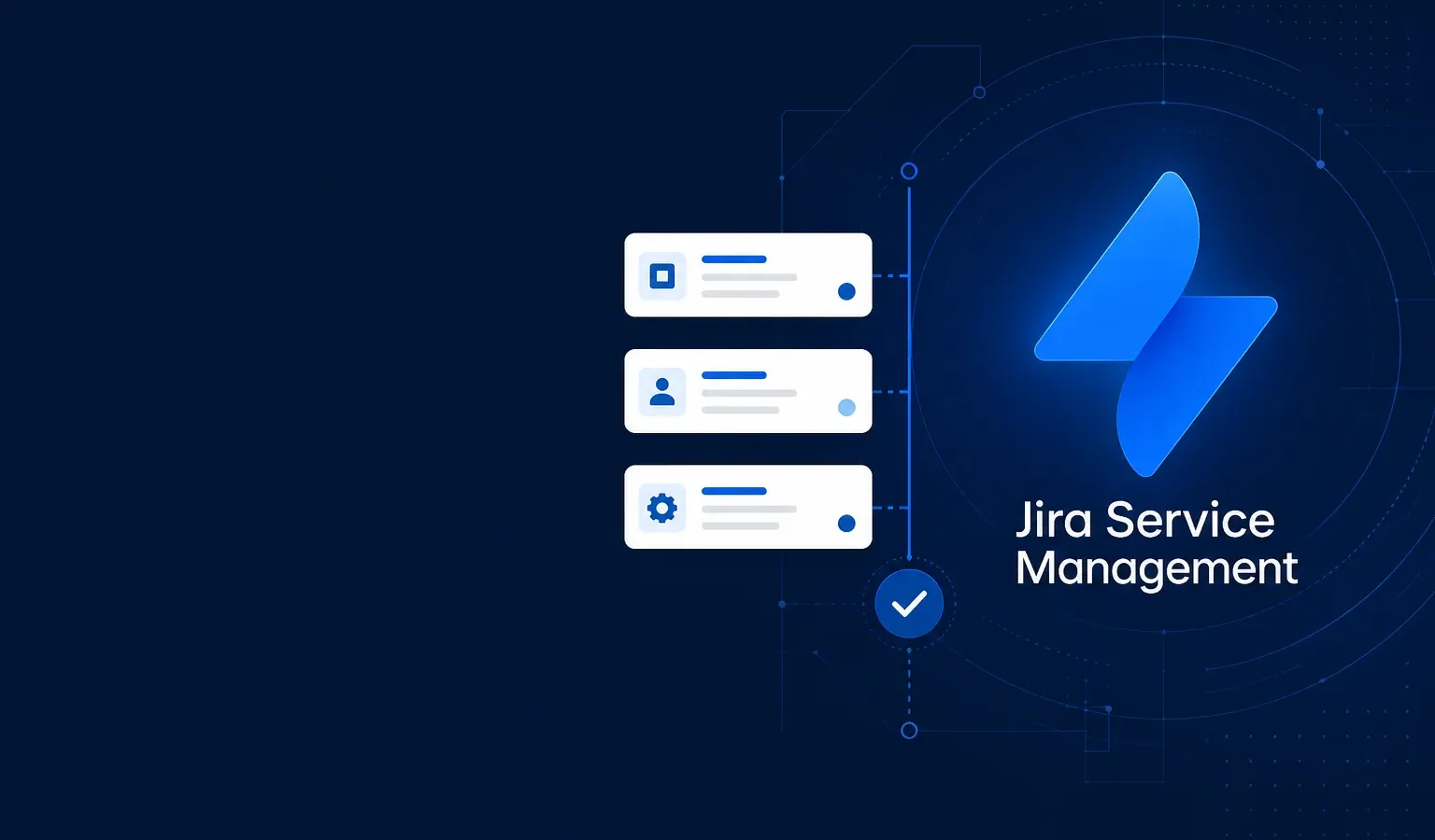 Deep navy cover with stacked request cards on the left and the Jira Service Management logo in Atlassian blue on the right.