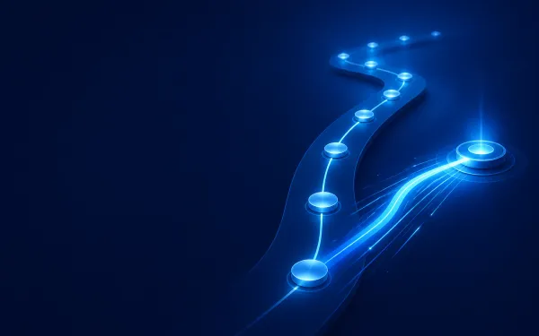 Deep navy Chinaready Insights cover with a right-weighted journey-path of nodes and a faster local-path branch to a bright edge node; left field open for title scrim; no headline text in the image.