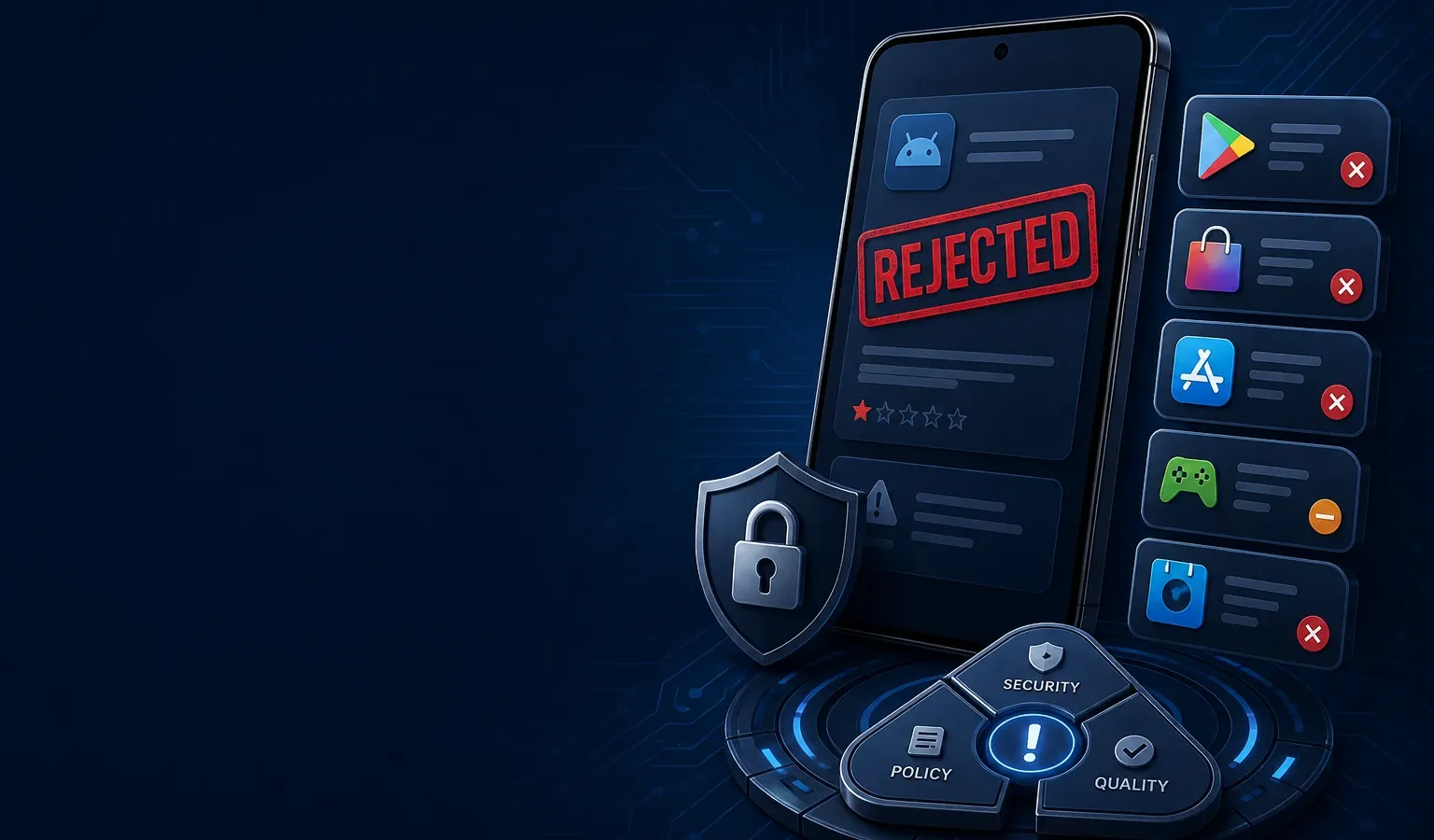 Deep navy Chinaready Insights cover with a right-weighted Android review-rejection motif — smartphone with rejected stamp, five store-portal tiles, and lock-shield gate; left field open for title scrim; English-only UI glyphs; no Chinese characters or article headline text in the image.