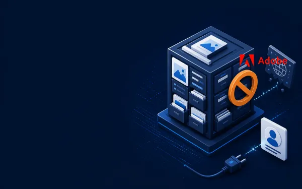 Deep navy Chinaready Insights cover with a right-weighted enterprise CMS DAM cube beside a stalled overlay, paired with the official Adobe A and wordmark at about one-third height on the right; left field open for title scrim; no headline text in the image.
