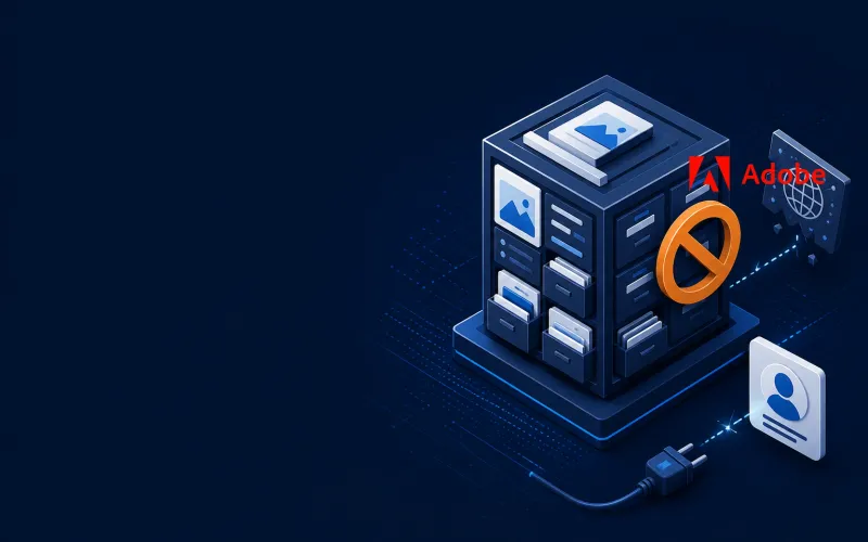 Deep navy Chinaready Insights cover with a right-weighted enterprise CMS DAM cube beside a stalled overlay, paired with the official Adobe A and wordmark at about one-third height on the right; left field open for title scrim; no headline text in the image.