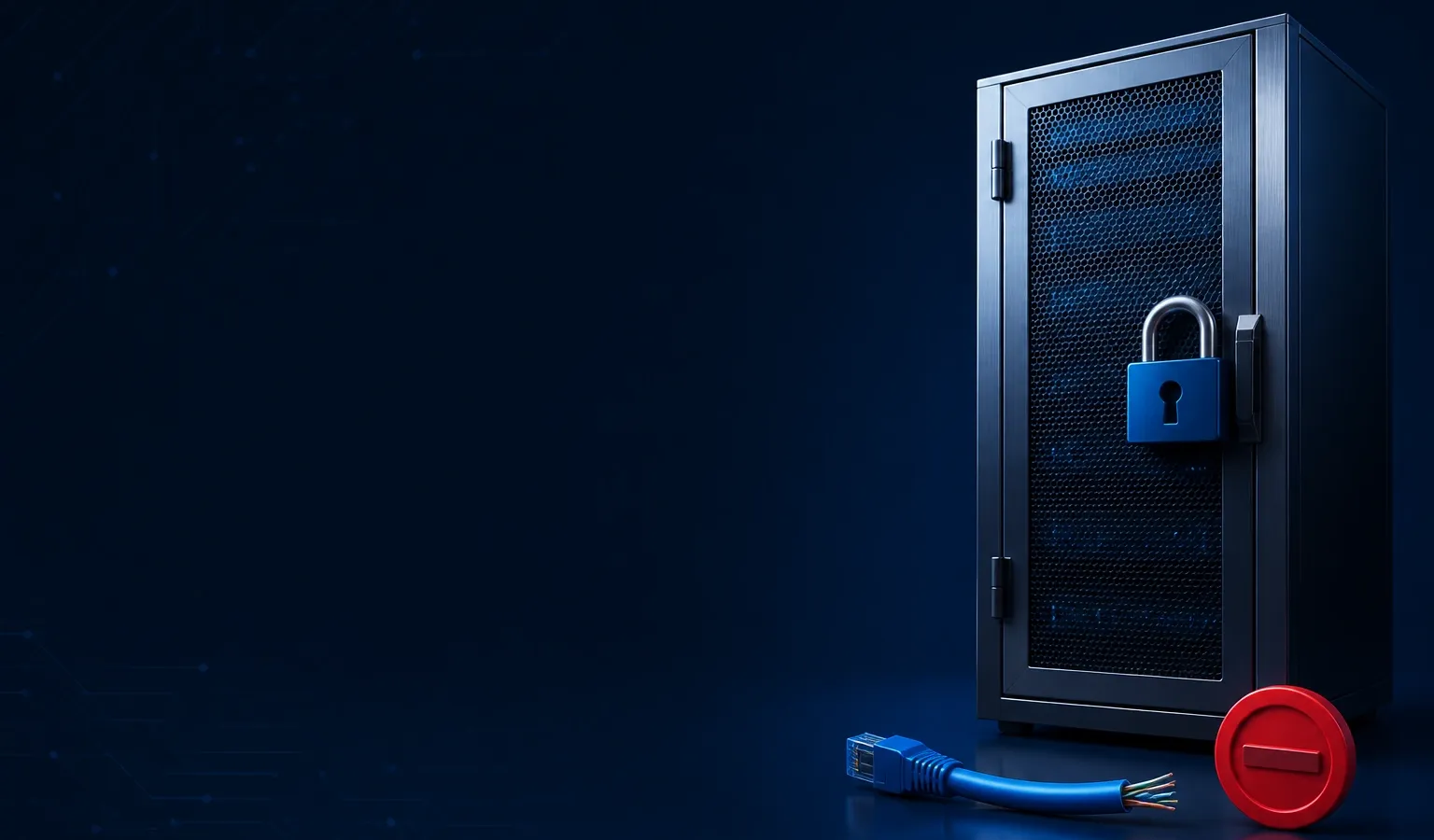Deep navy Chinaready Insights cover with a right-weighted sealed server vault, blue padlock, and severed outbound cable at a stop disc; left field open for title scrim; no headline text in the image.
