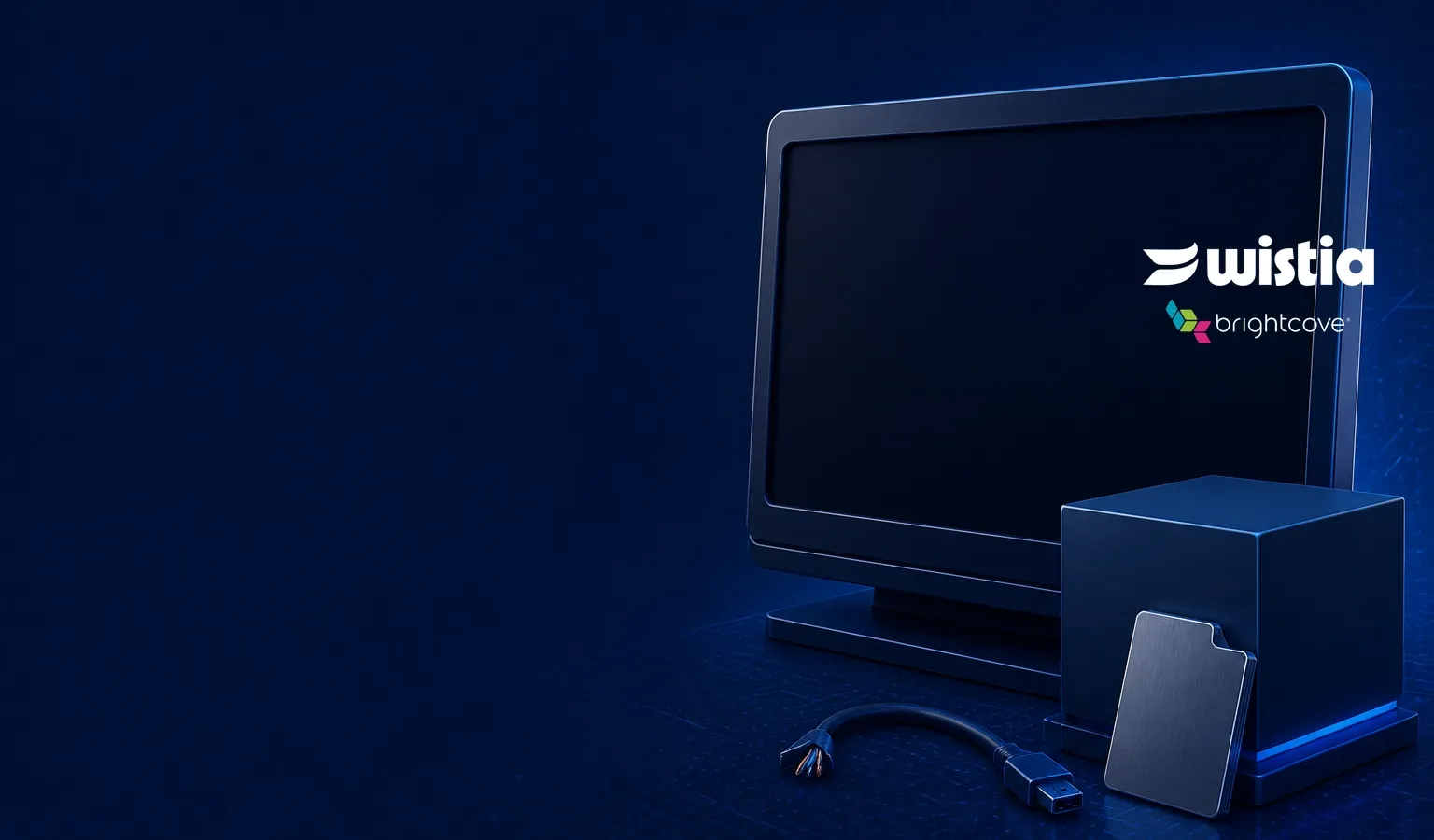 Deep navy Chinaready Insights cover with a right-weighted empty enterprise video-player chassis beside a China-reachable origin cube and media-file slab, paired with the official Wistia mark at about one-third height on the right and a Brightcove wordmark in the same cluster; left field open for title scrim; no headline text in the image.