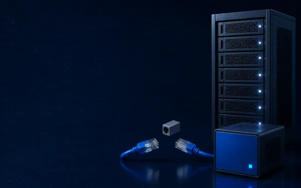Deep navy Chinaready Insights cover with a right-weighted Hong Kong-class regional rack versus a Mainland China origin cube, joined by a snapped ethernet cable and a floating disconnected coupler; left field open for title scrim; no headline text, flags, or maps in the image.