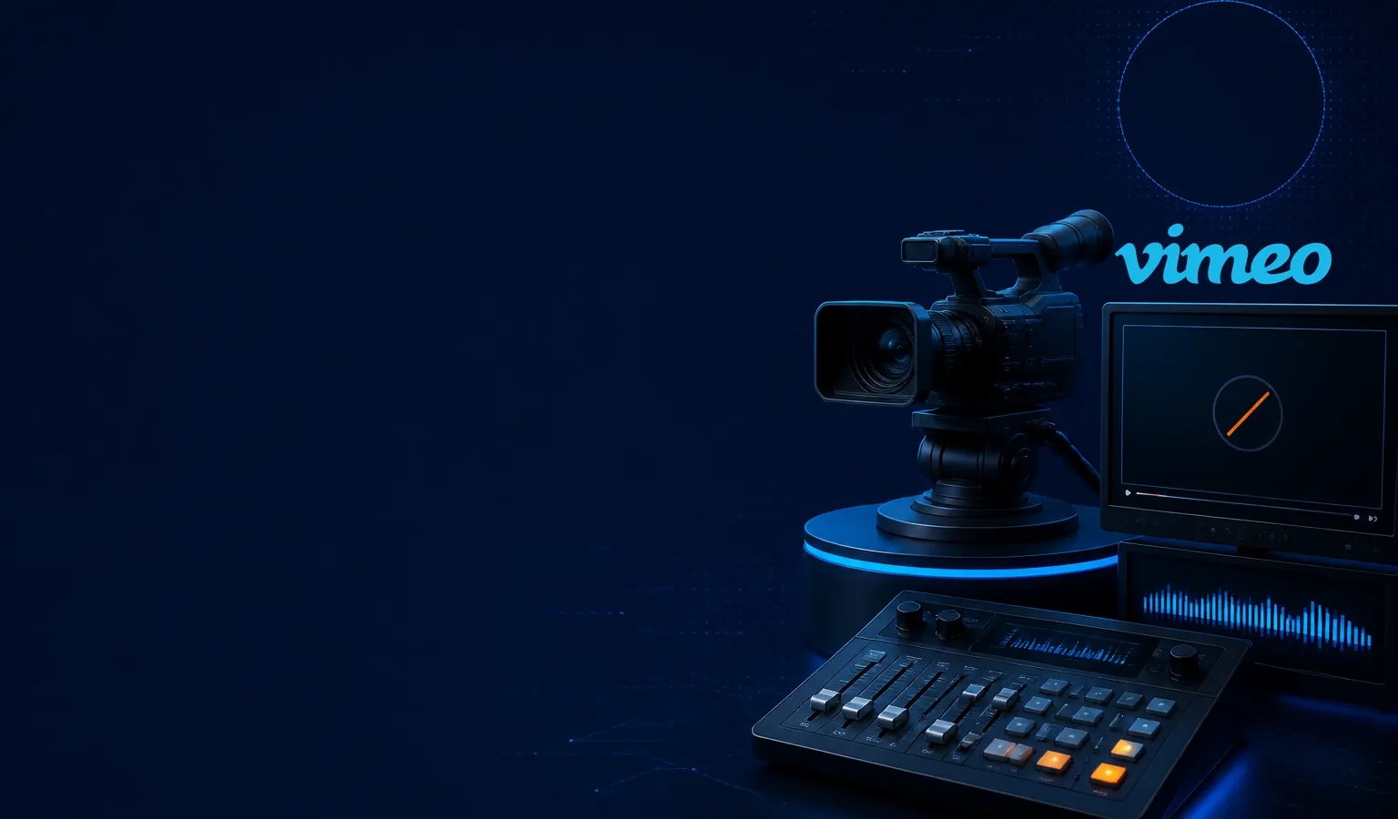 Deep navy Chinaready Insights cover with a right-weighted live-broadcast cluster — studio camera, mixing console, and blank player monitors — paired with the official Vimeo wordmark at about one-third height on the right; left field open for title scrim; no headline text in the image.
