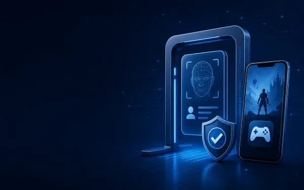 Deep navy Chinaready Insights cover with a right-weighted identity verification gate, biometric ID panel, compliance shield, and phone with game-pad motif; left field open for title scrim; no headline text in the image.