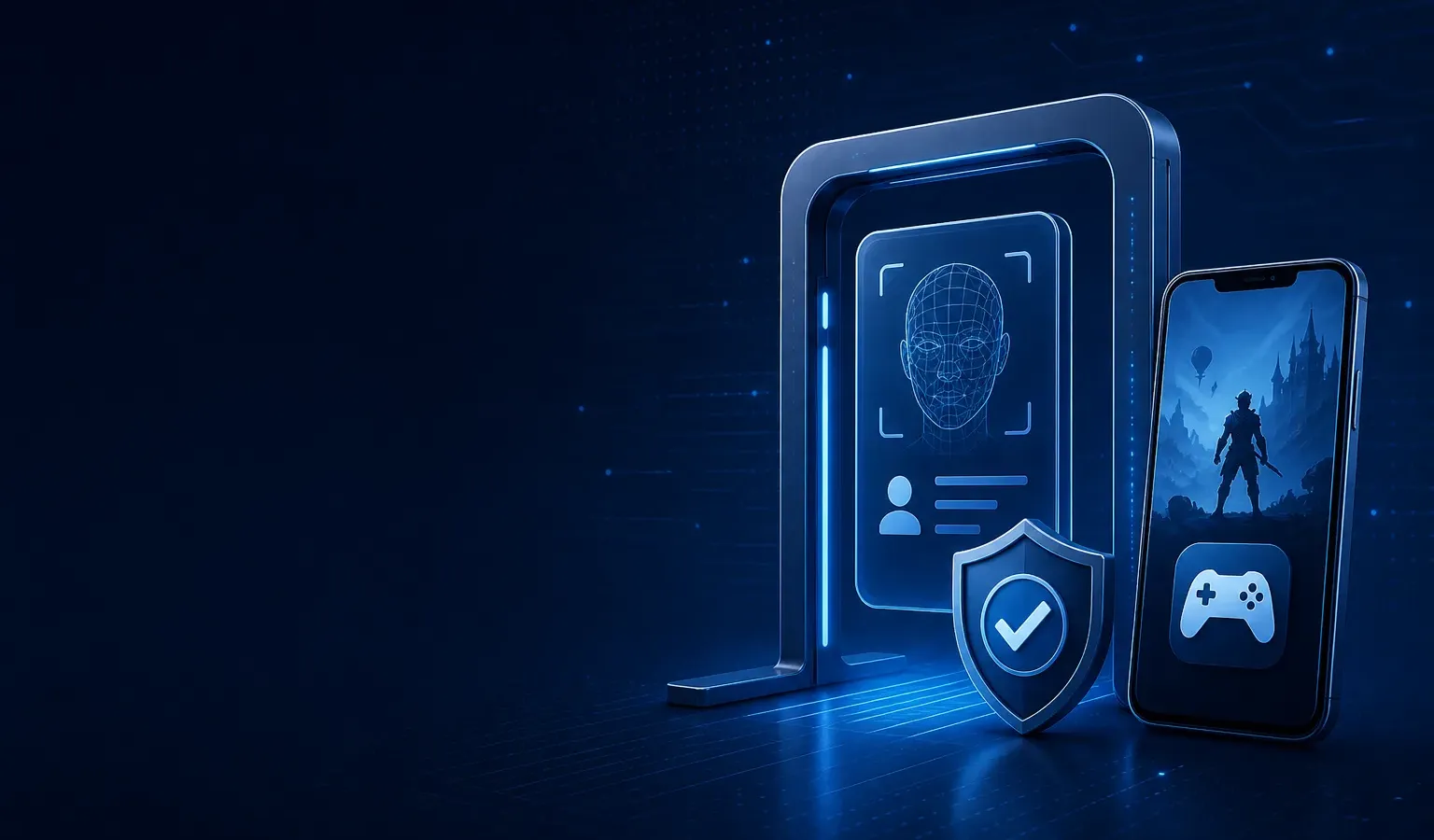 Deep navy Chinaready Insights cover with a right-weighted identity verification gate, biometric ID panel, compliance shield, and phone with game-pad motif; left field open for title scrim; no headline text in the image.