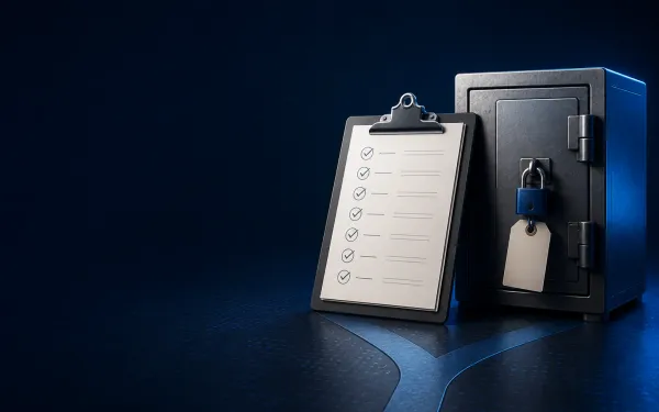 Deep navy Chinaready Insights cover with a right-weighted assessment clipboard and classified-data vault on a quiet fork path, metal padlock and blank classification tag; left field open for title scrim; no headline text in the image.