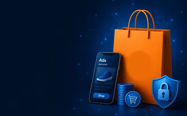 Deep navy Chinaready Insights cover with a right-weighted free-floating Taobao-orange shopping bag and sponsored-product phone rail paired with a lock-shield ad gate; left field open for title scrim; English-only UI glyphs; no Chinese characters or article headline text in the image.