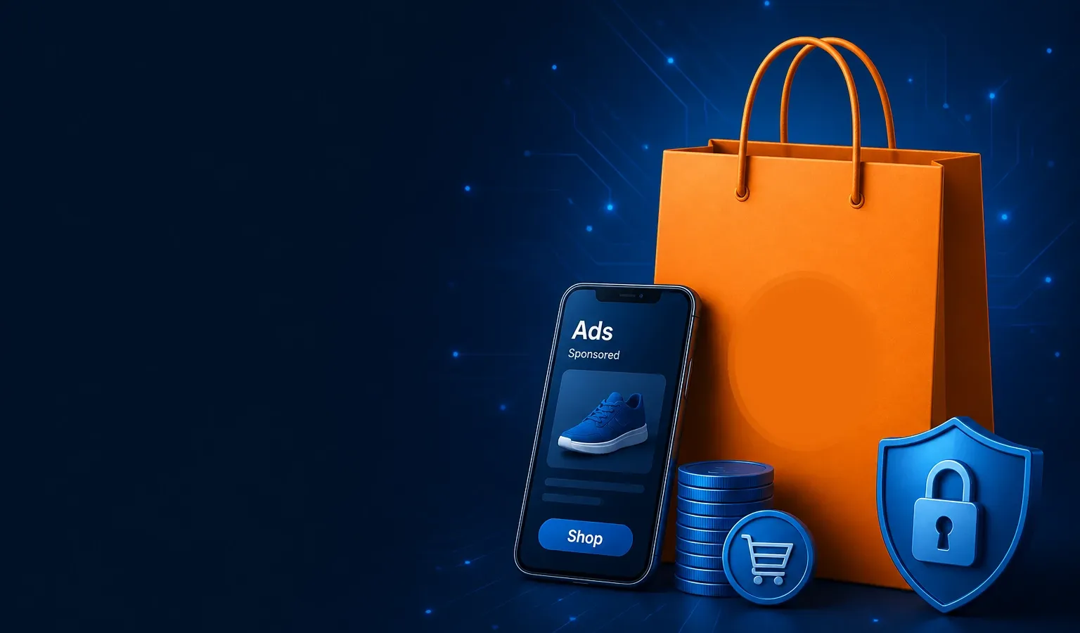 Deep navy Chinaready Insights cover with a right-weighted free-floating Taobao-orange shopping bag and sponsored-product phone rail paired with a lock-shield ad gate; left field open for title scrim; English-only UI glyphs; no Chinese characters or article headline text in the image.