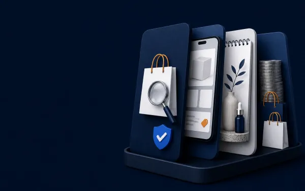 Deep navy Chinaready Insights cover with a right-weighted cluster of four overlapping consumer-rail slabs (search-shop bag and magnifier, short-video shop phone, lifestyle note card, value and group-buy coin stack); left field open for title scrim; no headline text, brand logos, or Chinese characters in the image.
