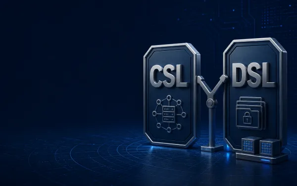 Deep navy Chinaready Insights cover with a right-weighted pair of statute tablets labeled CSL and DSL in Latin, a forked latch between them, and small data cubes at the base; left field open for title scrim; no headline text, flags, or maps in the image.