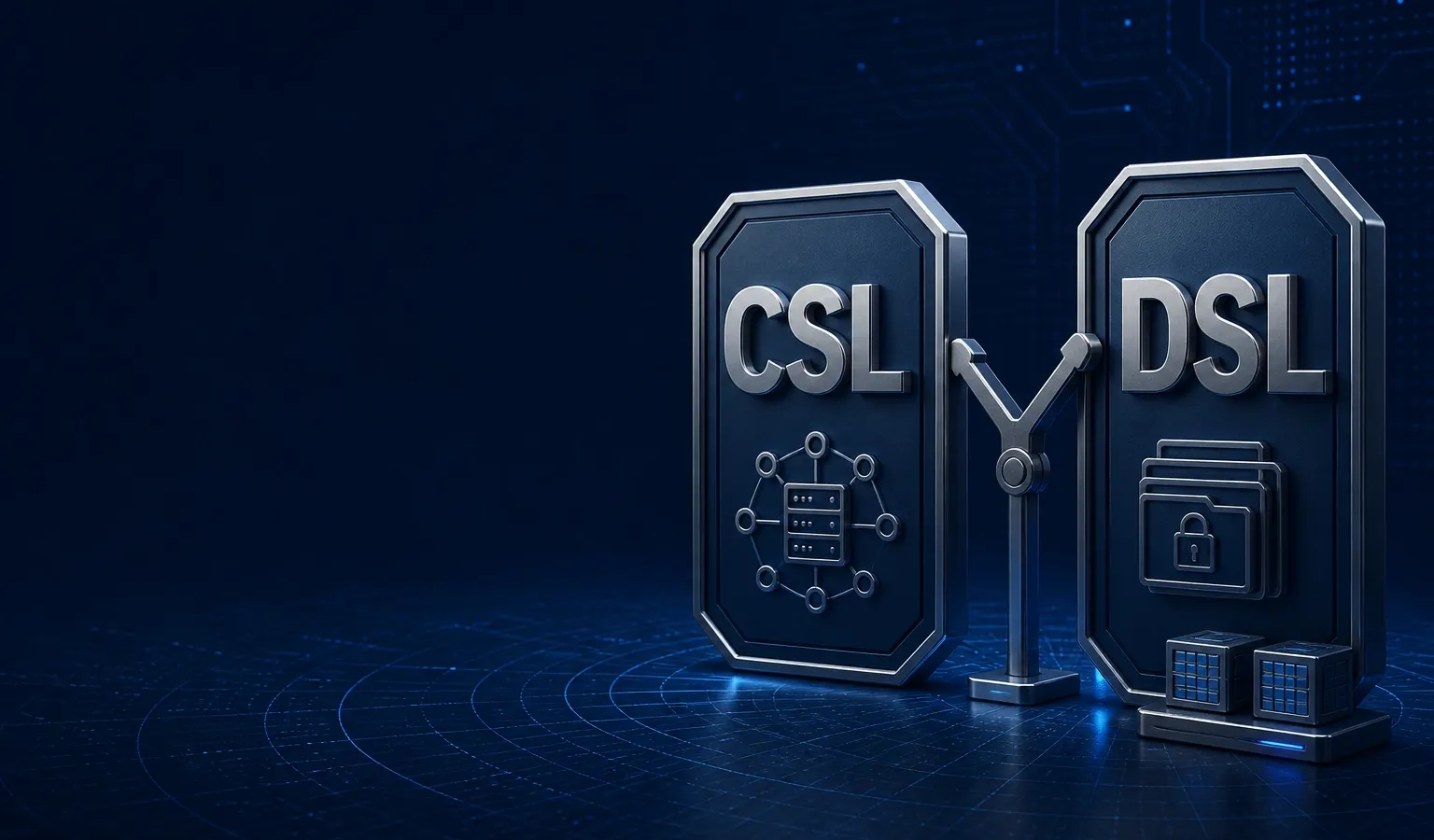 Deep navy Chinaready Insights cover with a right-weighted pair of statute tablets labeled CSL and DSL in Latin, a forked latch between them, and small data cubes at the base; left field open for title scrim; no headline text, flags, or maps in the image.