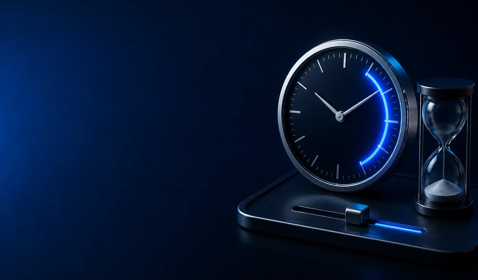 Deep navy Chinaready Insights cover with a right-weighted analog clock, hourglass, and session-limit slider on a dark tray; left field open for title scrim; no headline text in the image.