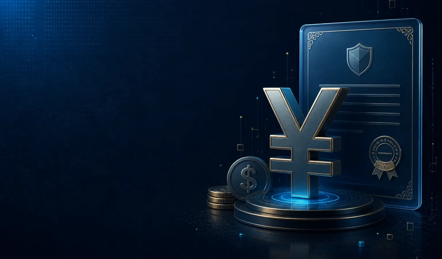 Deep navy Chinaready Insights cover with a right-weighted yuan and commercial-license motif; left field open for title scrim; no headline text in the image.