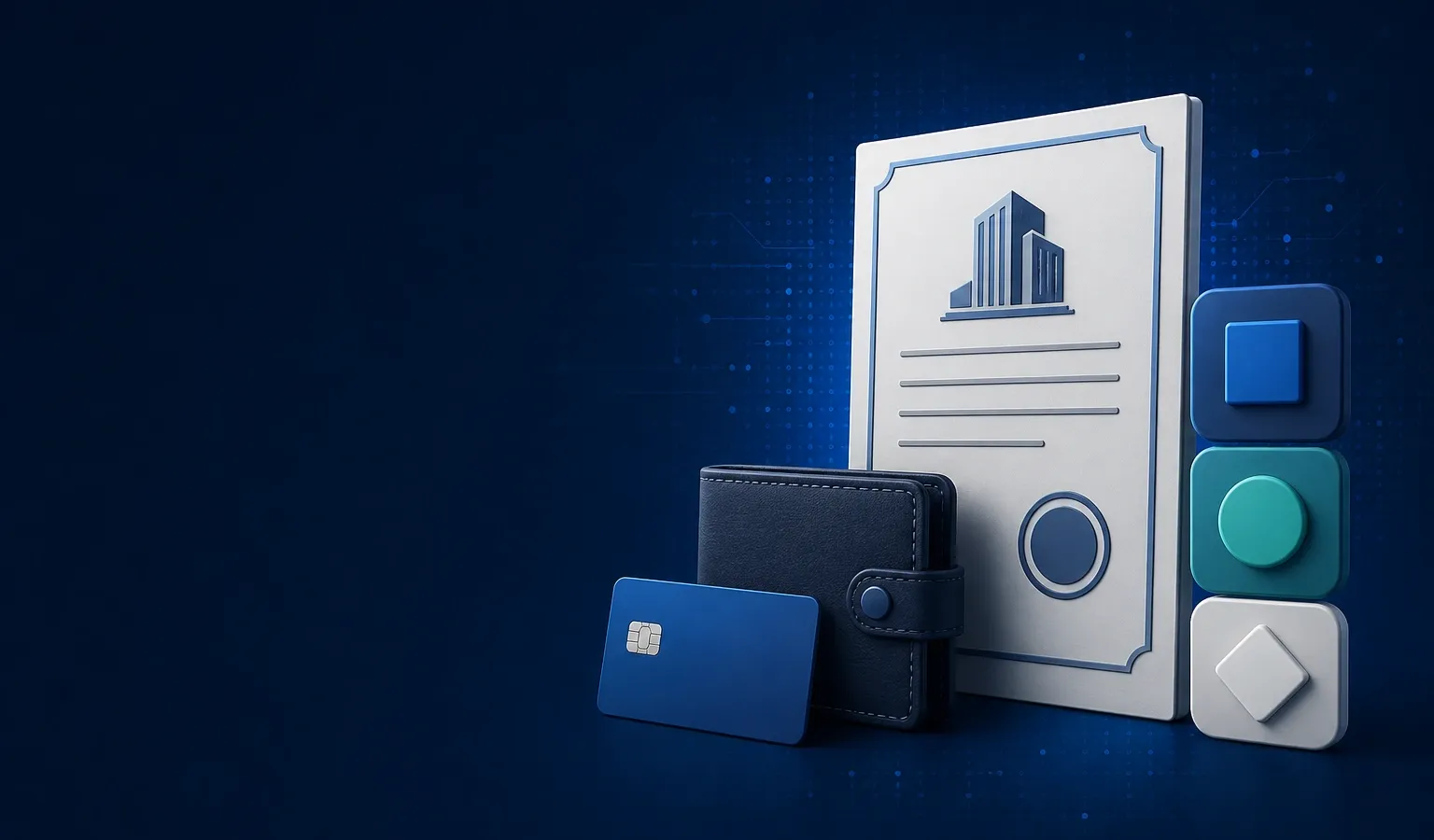 Deep navy Chinaready Insights cover with a right-weighted corporate entity document, funding wallet, and multi-platform ad-account tile cluster; left field open for title scrim; no headline text or Chinese characters in the image.