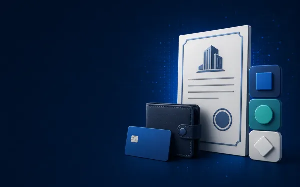 Deep navy Chinaready Insights cover with a right-weighted corporate entity document, funding wallet, and multi-platform ad-account tile cluster; left field open for title scrim; no headline text or Chinese characters in the image.