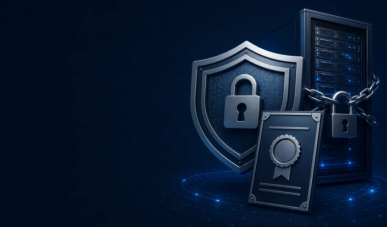 Deep navy Chinaready Insights cover with a right-weighted graded cybersecurity shield and sealed certificate motif; left field open for title scrim; no headline text in the image.