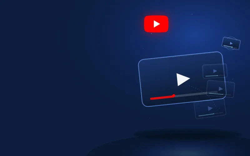 Deep navy Chinaready Insights cover with a right-weighted tilted 3D glass player screen with play triangle and red progress bar, a receding playlist rail of glass video cards with a lifted next-episode chip, and the official YouTube mark floating above the player; left field open for title scrim; no headline text in the image.