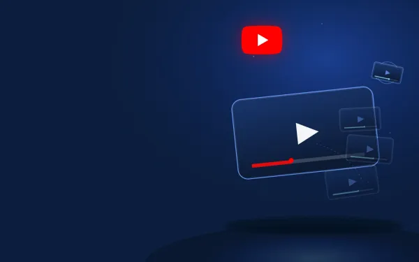 Deep navy Chinaready Insights cover with a right-weighted tilted 3D glass player screen with play triangle and red progress bar, a receding playlist rail of glass video cards with a lifted next-episode chip, and the official YouTube mark floating above the player; left field open for title scrim; no headline text in the image.