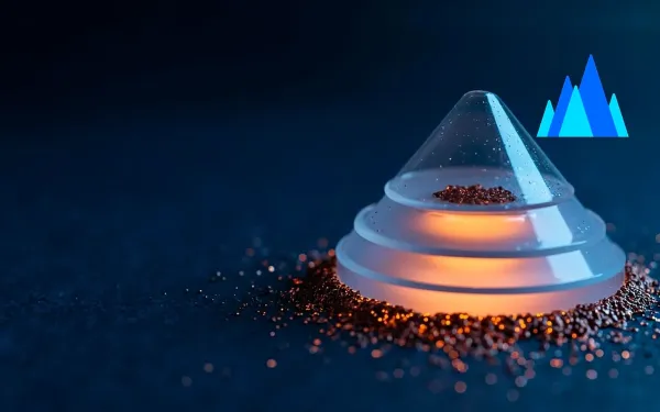 Deep navy Chinaready Insights cover with a right-weighted translucent frosted-glass volcano cone on a tiered brushed-metal base, a calm molten amber glow at its core and drifting ember particles; official Volcengine gradient volcano badge mark composited at the upper right; left field open for title scrim; no headline text in the image.