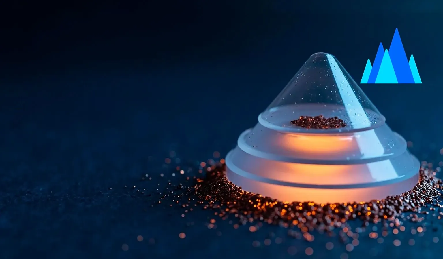 Deep navy Chinaready Insights cover with a right-weighted translucent frosted-glass volcano cone on a tiered brushed-metal base, a calm molten amber glow at its core and drifting ember particles; official Volcengine gradient volcano badge mark composited at the upper right; left field open for title scrim; no headline text in the image.